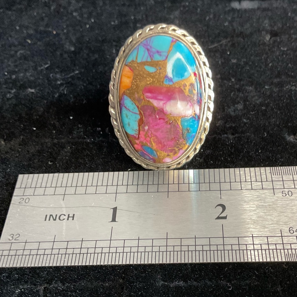 Large Pink Dahlia Oval Stone w/ Turquoise, 925 Sterling Silver Ring